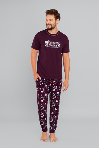 Manfred Pijama hombre manga corta, pantalón largo Moda Italiana- burdeos/estampado burdeos