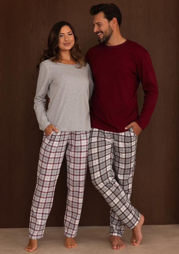 Pijama para hombre Regina 6006 100% algodón Pantalón largo a cuadros burdeos