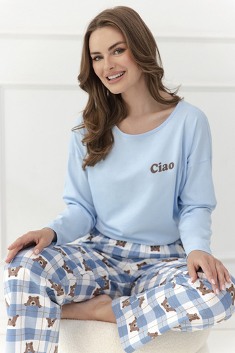 Pijama de mujer Taro Freja 3631 azul 100% algodón manga larga con osito