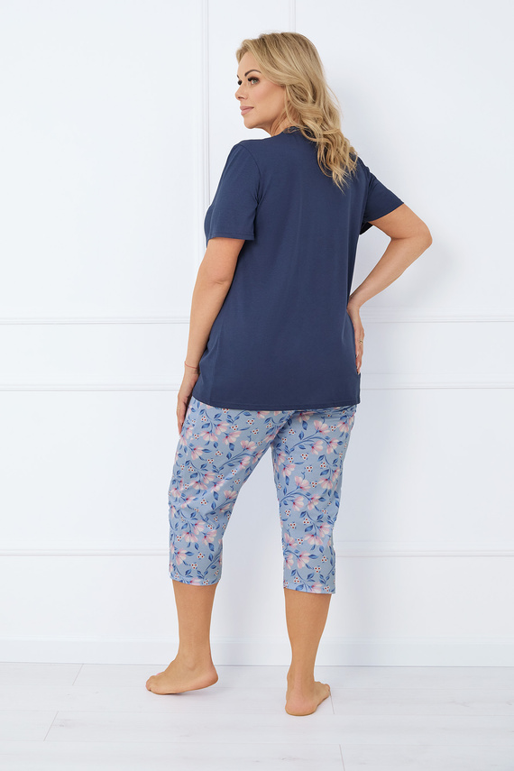 Amara Pijama de mujer manga corta, pantalón 3/4 Moda Italiana - azul marino/estampado