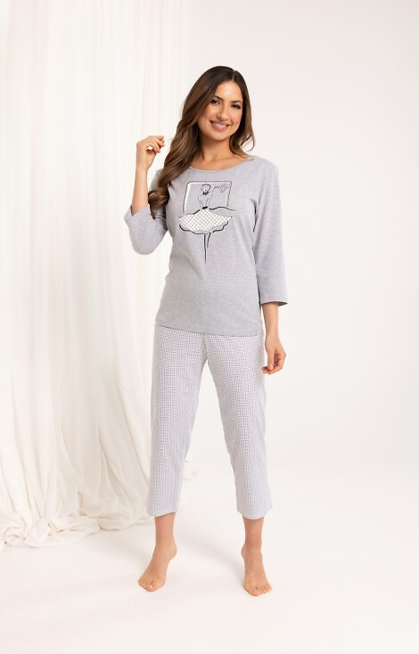 716 Pijama señora Regina gris - algodón, manga 3/4, pantalón 7/8 estampado