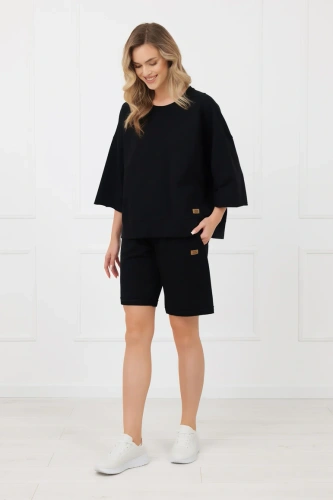 Pantalones cortos de mujer Kaori Italian Fashion de algodón con bolsillos-negro