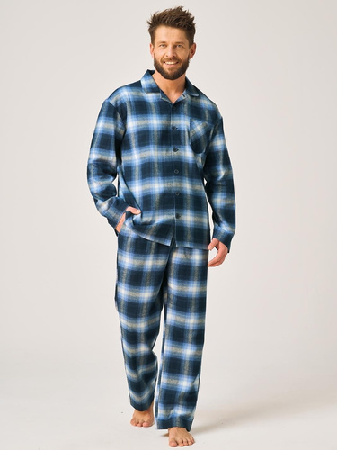 Pijama masculina Key MNS 432 jeans de franela 100% algodón, larga con botones