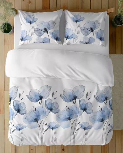 5496 A Ropa de cama de algodón blanco con flores azules acuarela Naturalis- Detexpol