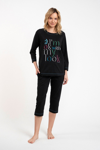 Olza Pijama de señora manga 3/4, pantalón 3/4 Moda Italiana - negro