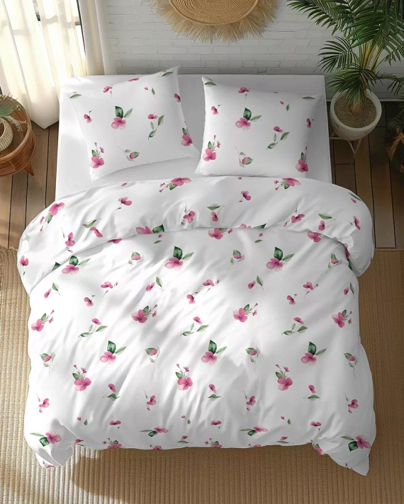 5769 A Detexpol Algodón Bloom Ropa de cama blanco con flores de color rosa con hojas verdes - 100% algodón, doble cara, pulido hecho