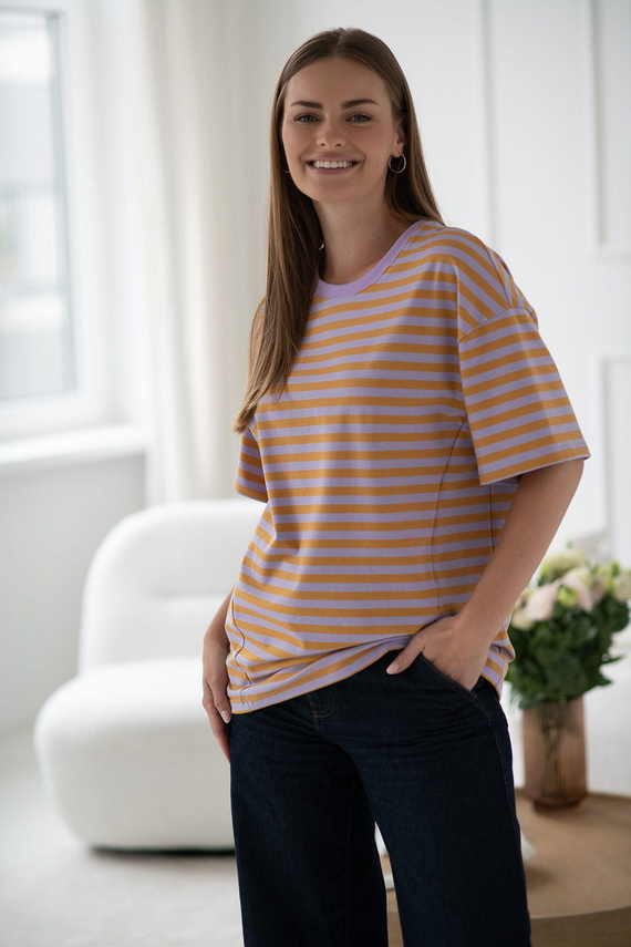 Mamahood Camiseta de embarazo y lactancia Milk&Love a rayas miel y lila - cómoda y elegante