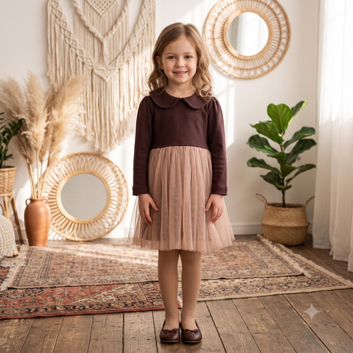 226167 Nicol HANIA Vestido con tul beige marrón manga larga para niña
