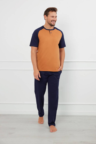 Pijama Alexander Hombre manga corta, pantalón largo Moda Italiana - coñac/granada