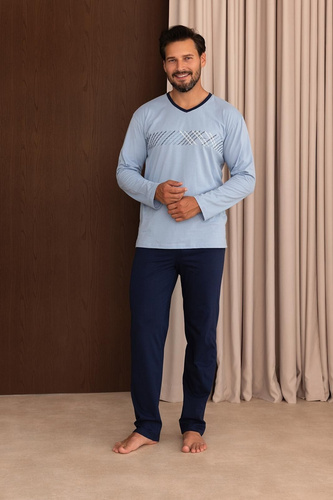 Pijama para hombre Regina 6010 100% algodón manga larga cómoda para todo el año azul