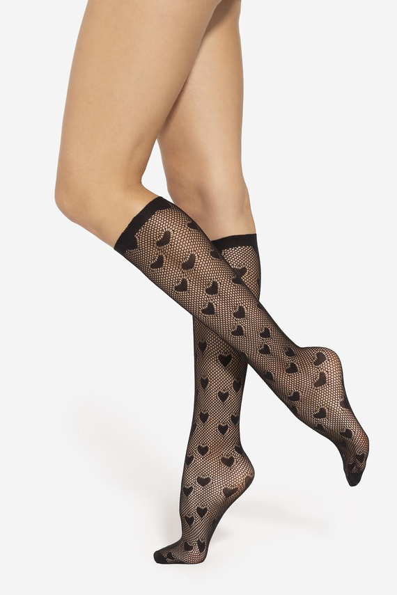 Calcetines altos Yasmine wz.01 Gatta - corazones negros calados, sin prensar