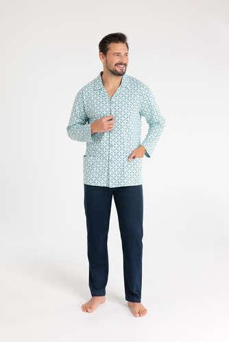 Pijama de algodón para hombre Regina 486 verde - manga larga, abotonado, corte clásico