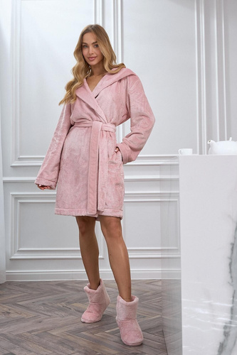 L&L 2601 Honey Bata corta de mujer con capucha, suave, con cinturón, color rosa polvo