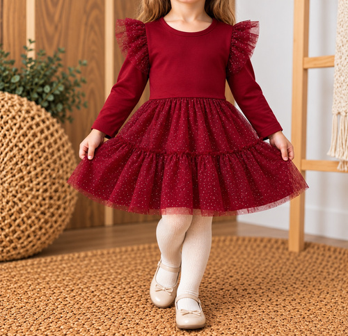 Vestido infantil Mamatti SK720 de algodón con tul suave y mariposas burdeos