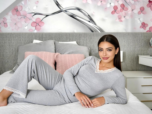 Donna Megi Long Pijama Mujer Gris Manga Larga y Pantalón Encaje