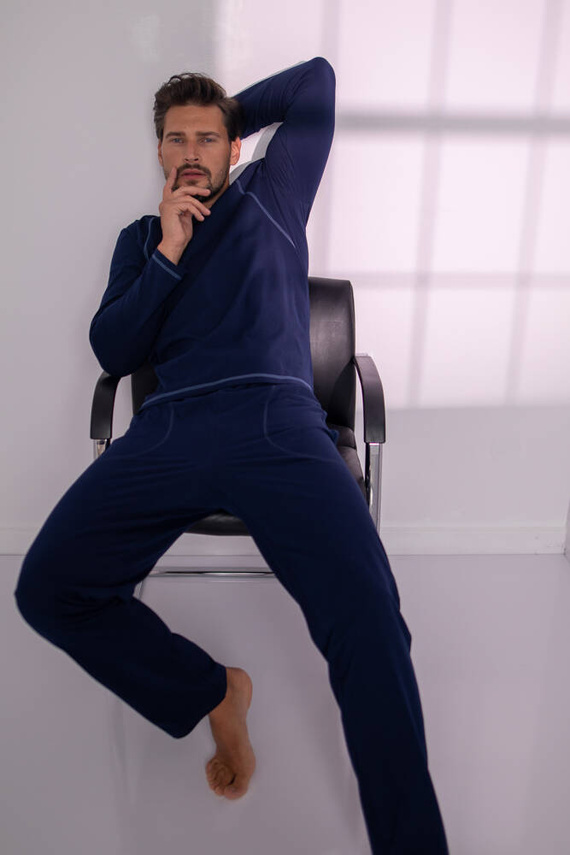 Salomon Pijama de manga larga para hombre, pantalón largo Italian Fashion - azul marino/azul