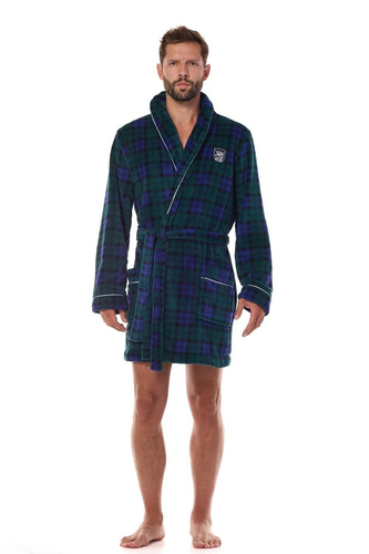 2456 BJ Albornoz de hombre L&L azul marino - suave, a cuadros con cuello