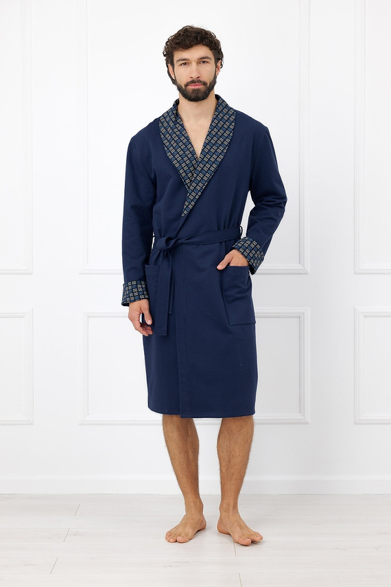 Szlafrok męski Broken Italian Fashion de algodón azul marino con cinturón