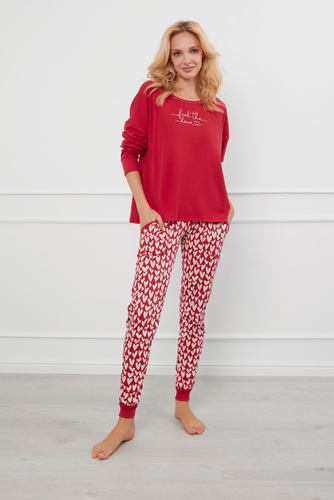 Evora Pijama señora manga larga, pantalón largo Moda Italiana - rojo/estampado