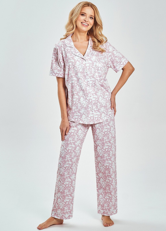 Pijama de mujer 3544 Lora Taro rosa | 100% algodón floral | Pijama camisero con cuello, botones y pantalón largo