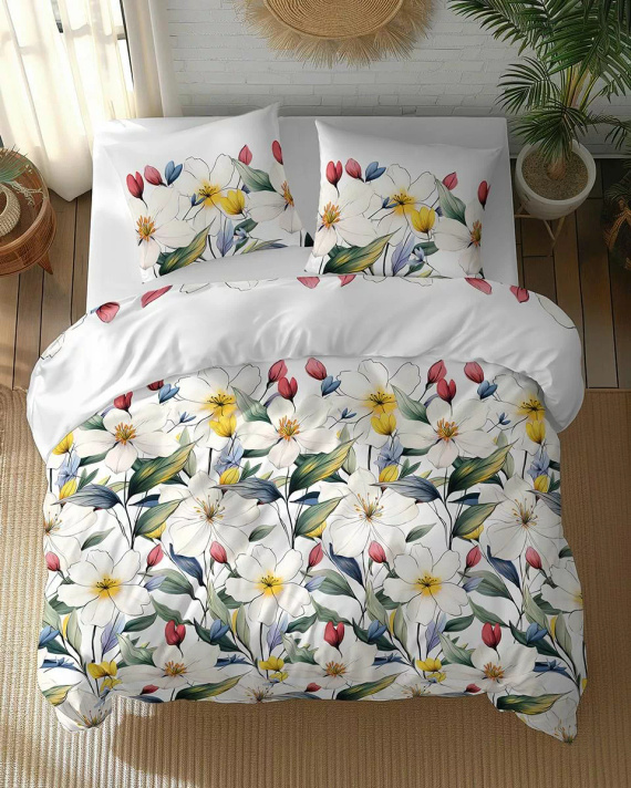 5774 A Cotton Bloom Detexpol ropa de cama blanca con flores de colores - 100% algodón, reversible, producción polaca
