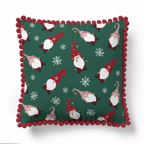 5383 Una Navidad funda de almohada decorativa Navidad Deco Detexpol gnomos y copos de nieve sobre fondo verde- cremallera
