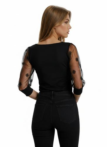 Elegante blusa de mujer Teria 3/4 Eldar negra- viscosa, mangas buff, tul bordado, escote redondo, ribeteado