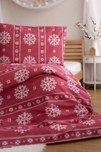 Ropa de cama navideña de Jerry Fabrics - rojo con bolas de nieve blancas, 100% algodón