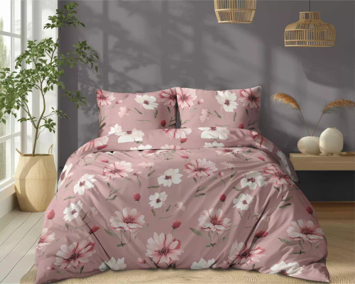 5502 A Ropa de cama de algodón rosa con flores y capullos crema Naturalis- Detexpol
