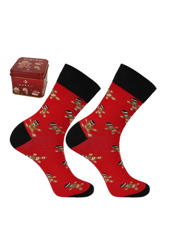 Calcetines de hombre Moraj CMLS700-007 rojos de algodón con estampado de galletas de jengibre en caja, 5% poliamida, 5% elastano