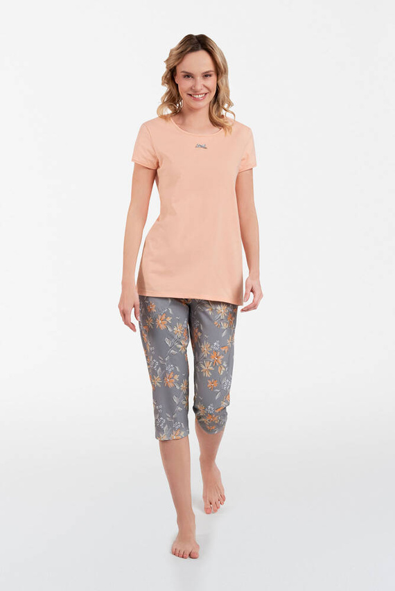 Kasali Pijama de mujer manga corta y pantalón 3/4 Moda Italiana - salmón/estampado