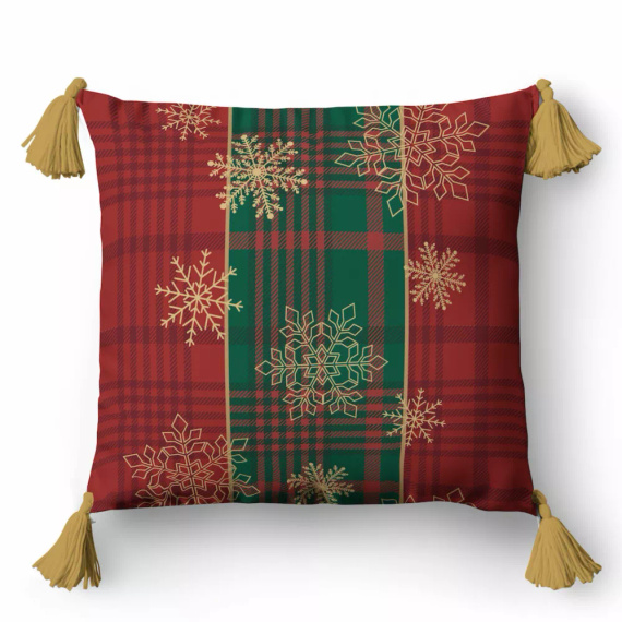 5382 Una funda de almohada decorativa de Navidad Deco Detexpol a cuadros rojos y verdes con copos de nieve dorados - cremallera