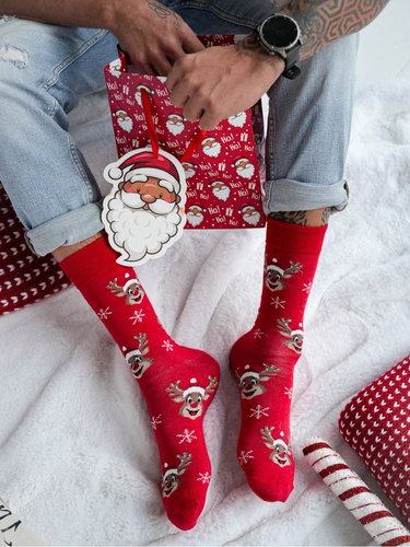 1290-033 Calcetines de Navidad para hombre Milena - Reno sonriente, rojo