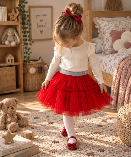 Falda para niña roja ST114 de tul suave con cinturilla elástica metalizada