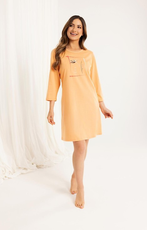 166 Camisa señora de algodón albaricoque - manga 3/4, estampada, largo hasta la rodilla