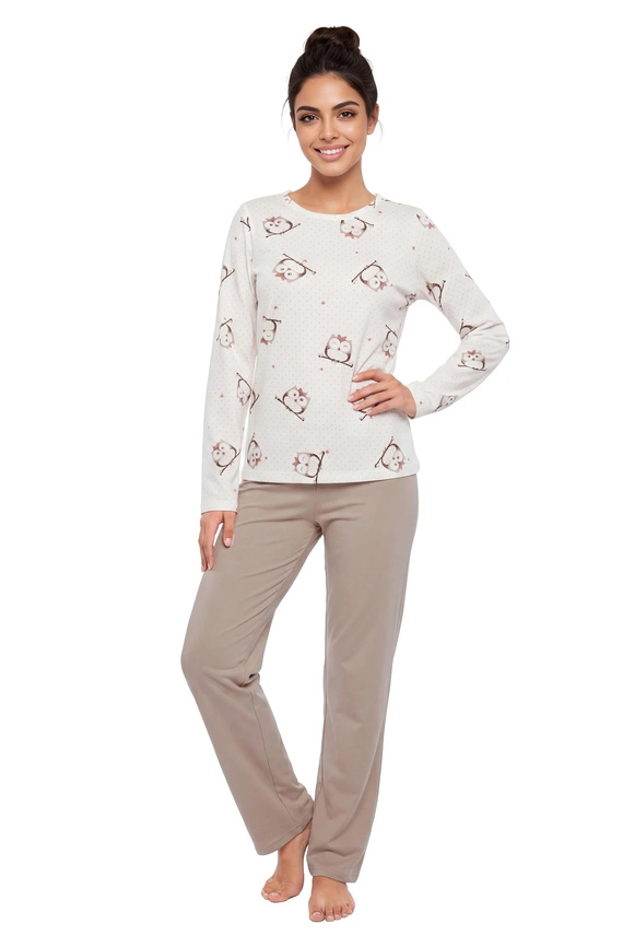 Piżama damska Donna Sova Long beige de algodón con búhos, manga larga y pantalones