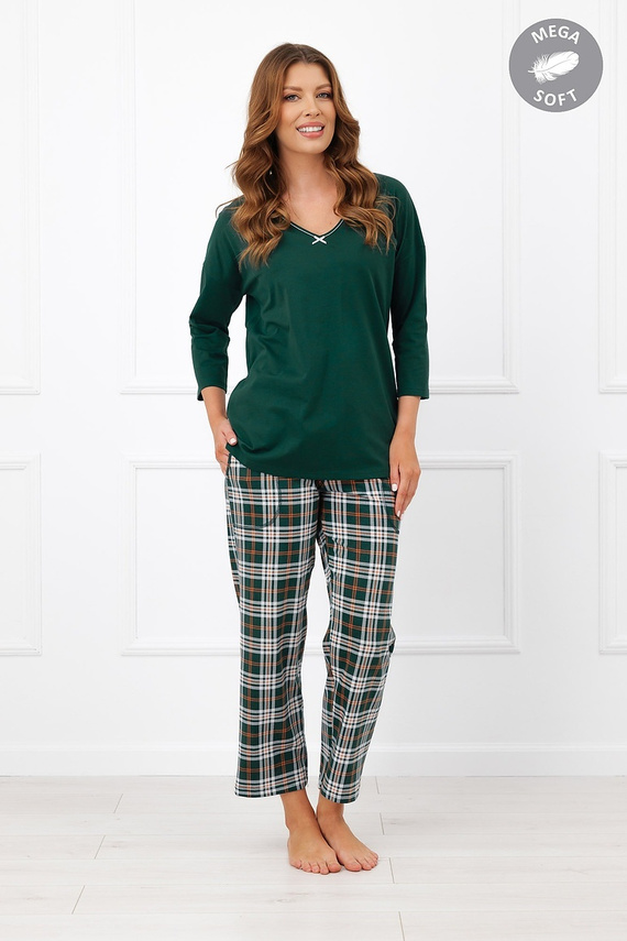 Pijama de mujer Italian Fashion Arwena de algodón, manga 3/4, pantalón 7/8 a cuadros - verde