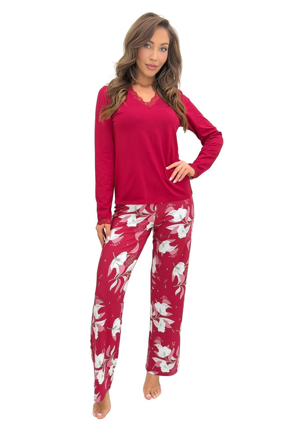 Pijama de mujer Donna Brigitte Long burdeos viscosa encaje manga larga
