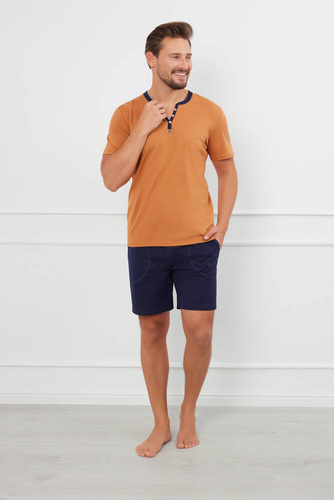 Julius Pijama de manga corta para hombre, pantalón corto Moda Italiana - coñac/verde