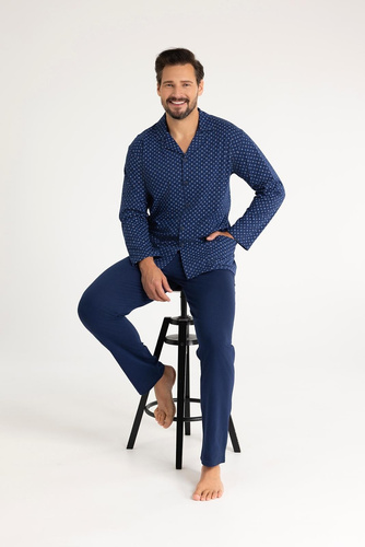 Pijama de algodón para hombre Regina 486 azul marino - manga larga, abotonado, corte clásico