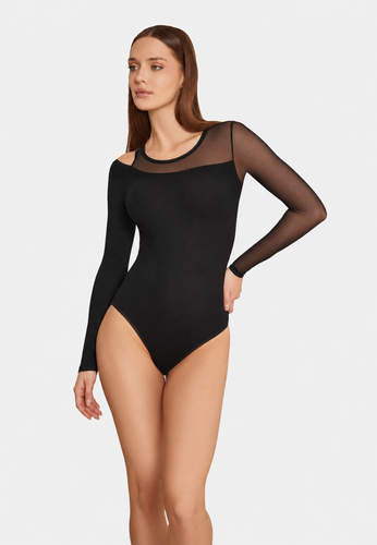 Body de mujer Teyli 2458 negro de viscosa, manga larga y tul