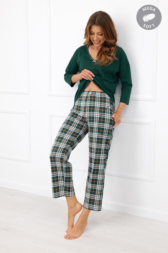 Pijama de mujer Italian Fashion Arwena de algodón, manga 3/4, pantalón 7/8 a cuadros - verde
