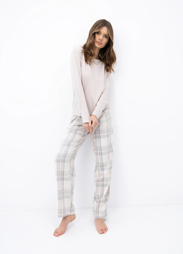 Pijama de mujer Sensis Sable beige de bambú, manga larga, pantalones a cuadros