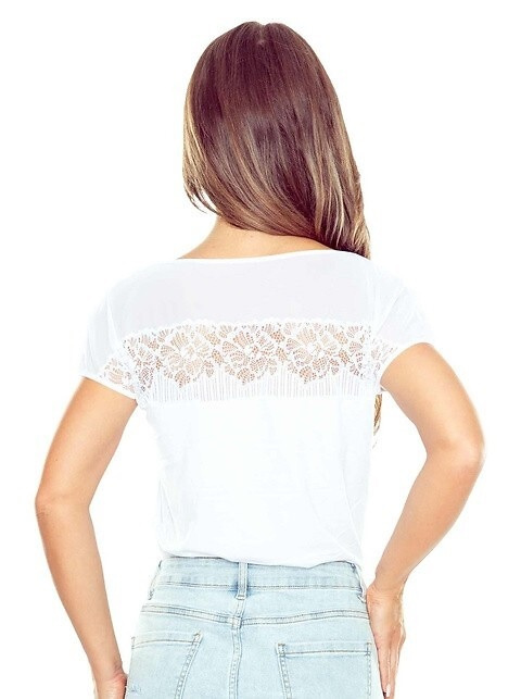 Elegante blusa de mujer Trisha Eldar blanca| Viscosa elástica + malla de tul y encaje floral | Para la oficina, la noche y ocasiones especiales