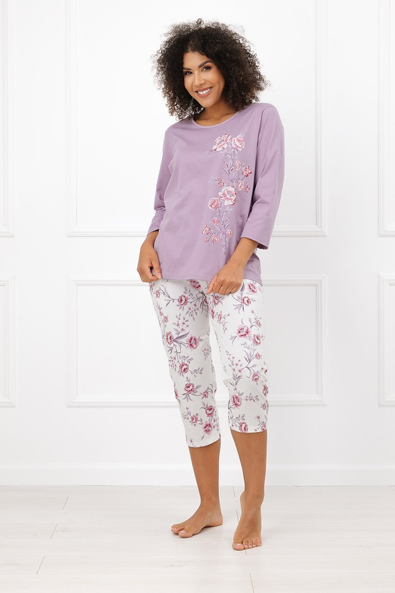Italian Fashion Karilla Pijama de mujer 100% algodón 3/4 flores brezo