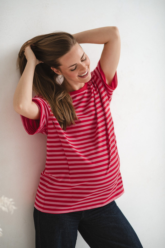 Mamahood Camiseta de embarazo y lactancia Milk&Love a rayas rojo-rosa- cómoda y elegante