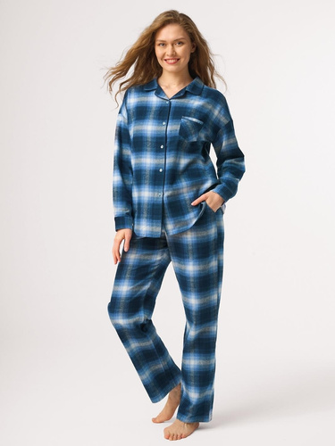 Pijama de mujer Key LNS 465 azul de franela abotonada 100% algodón