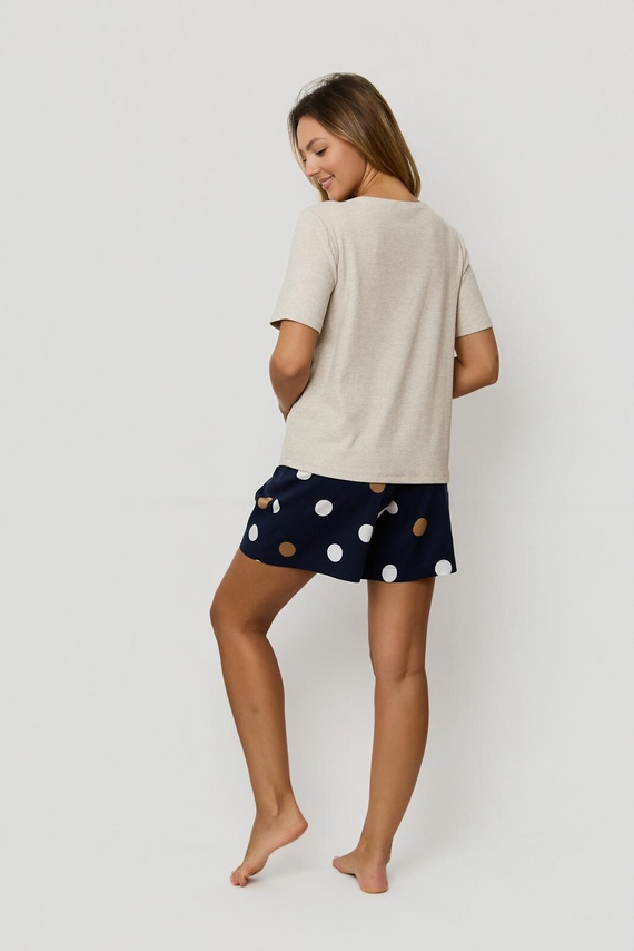 Pijama de mujer Mefemi by Nipplex Oceane beige - viscosa acanalada, camiseta y pantalón corto con guisantes