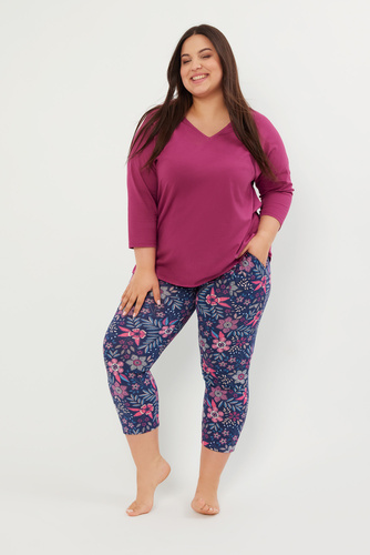 Folk Pijama de mujer manga 3/4, pantalón 7/8 Moda Italiana - mora/estampado