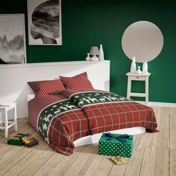 Xmass Navidad ropa de cama de algodón Spod Igły i Nitki - reno a cuadros rojos guisantes verdes, juego con cremallera, 100% algodón